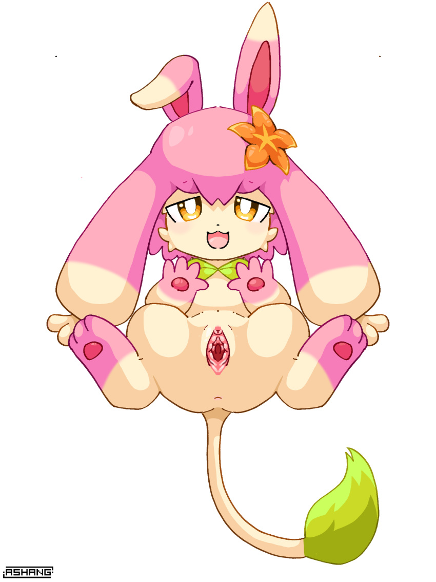 absurd_res anthro female flopie flower genitals hi_res kemono multicolored_body orange_eyes pal_(species) palworld pawpads pink_body pink_pawpads plant pocketpair pogadc pussy simple_background solo spread_legs spread_pussy spreading two_tone_body