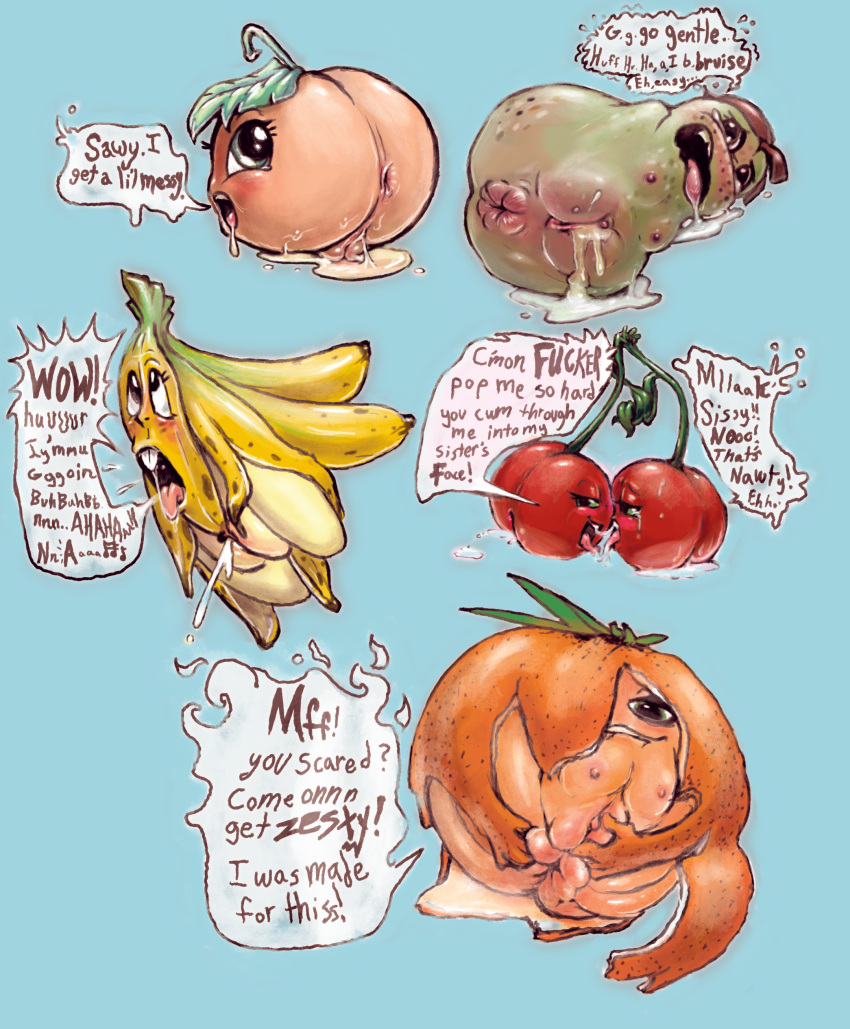 absurd_res afoxinabox animate_inanimate anus banana bedroom_eyes bodily_fluids cherry colored cross-eyed ejaculation elemental_creature fat_mons female female/female flora_fauna food food_creature fruit futanari genital_fluids genitals group gynomorph hand_holding hand_on_pussy hi_res incest_(lore) intersex intersex/female intersex/intersex juice_(beverage) kissing living_fruit male male/female male/male masturbation narrowed_eyes orange overbite peach_(disambiguation) pear plant presenting pussy_ejaculation rule_63 saliva seductive shaded shy soft_shading speech_bubble spread_anus spreading transformation vaginal_fluids