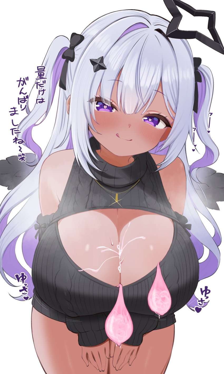 absurdres alternate_breast_size amane_konata angel angel_wings bare_shoulders black_bow black_sleeves black_sweater blush bow breasts cleavage cleavage_cutout closed_mouth clothing_cutout condom cum cum_on_body cum_on_breasts detached_sleeves diamond_hair_ornament female floating_headgear glint grey_hair hair_intakes hair_ornament hairbow halo headgear heart heart_in_eye highres hololive huge_breasts jewelry kani_bonara leaning_forward long_hair long_sleeves looking_at_viewer meme_attire necklace pink_eyes pink_hair ribbed_sleeves ribbed_sweater simple_background sleeves_past_wrists smile solo star_halo sweat sweater symbol_in_eye tan thighs tongue tongue_out turtleneck turtleneck_sweater two_side_up used_condom virgin_killer_sweater virtual_youtuber white_background wings
