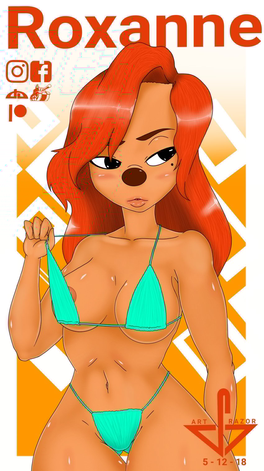 1girls 2018 a_goofy_movie alternate_version_available anthro artrazor big_breasts bikini brown_hair disney female female_focus female_only goof_troop humanoid long_hair roxanne_(goof_troop)