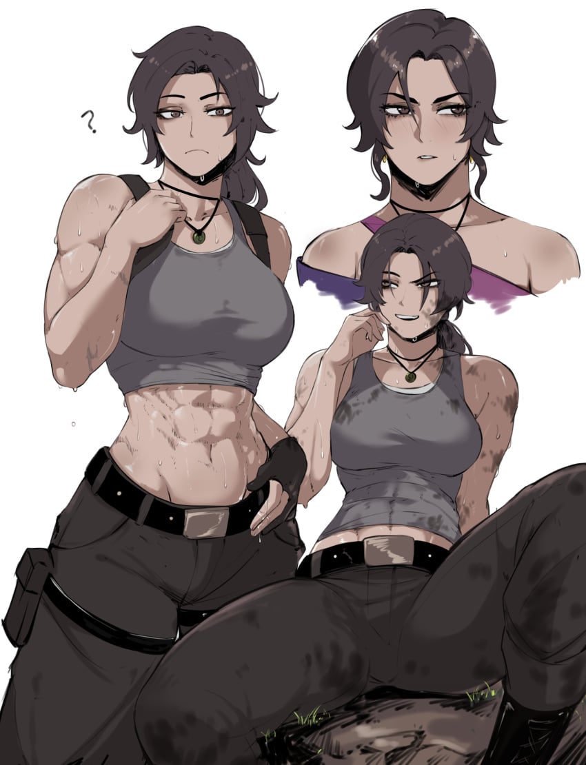 1girls ? abs belt biceps breasts brown_eyes brown_hair clothed crop_top dead_by_daylight deltoids dirty_clothing female lara_croft lara_croft_(survivor) large_breasts low_ponytail masoq095 midriff muscular muscular_female necklace pants pelvic_line single_fingerless_glove single_glove solo sweat tan_body tank_top tomb_raider tomb_raider_(survivor)