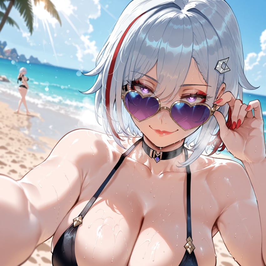 2girls adjusting_eyewear ai_generated ass beach big_ass big_breasts bikini breasts choker cleavage female female_focus honkai:_star_rail large_breasts looking_at_viewer looking_over_eyewear looking_over_sunglasses miyuai mostly_nude seductive seductive_eyes seductive_look seductive_smile selfie shiny_skin smile steam sunglasses sweat swimsuit tinted_eyewear topaz_(honkai:_star_rail) two_tone_hair white_hair
