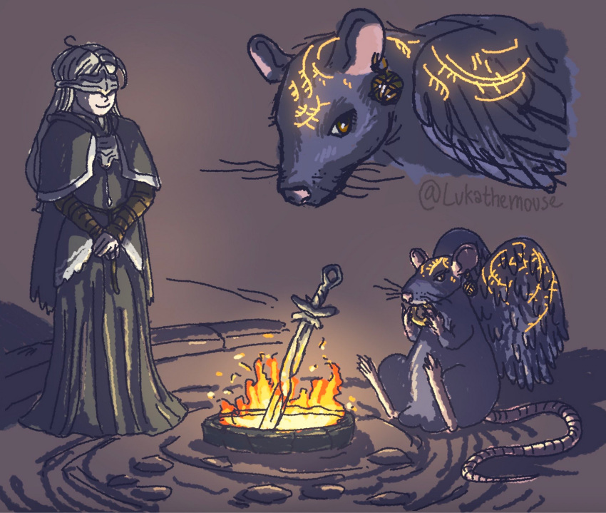 2025 anthro balls biped clothed clothing duo ear_piercing ear_ring eating fire genitals hi_res human lukathemouse male mammal mask melee_weapon murid murine piercing rat ring_piercing rodent sitting size_difference sword the_duskbloods weapon wings