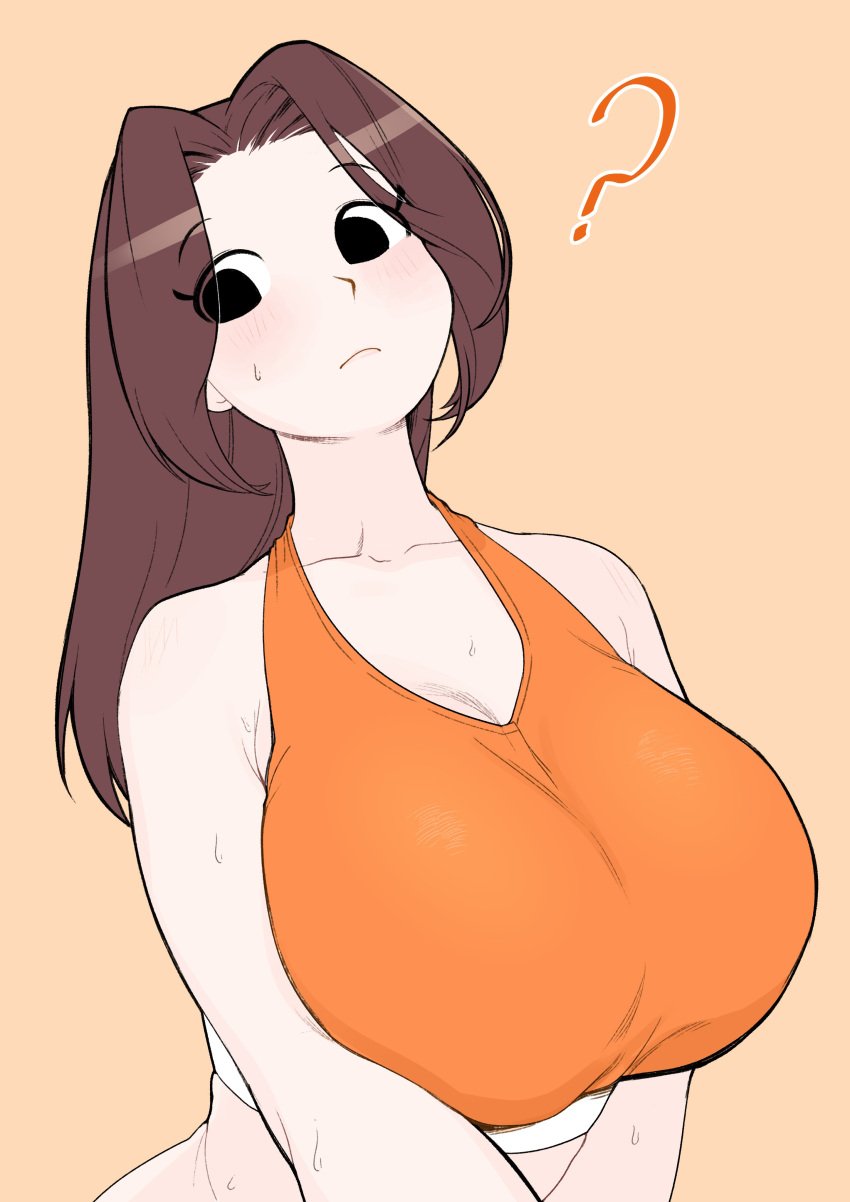 1girls ? black_eyes blush bra breasts brown_hair female large_breasts long_hair mii mii_gunner mii_gunner_(smash_4) mob_face myeongchansu nintendo orange_bra orange_sports_bra simple_background solo solo_female solo_focus sports_bra super_smash_bros. sweat