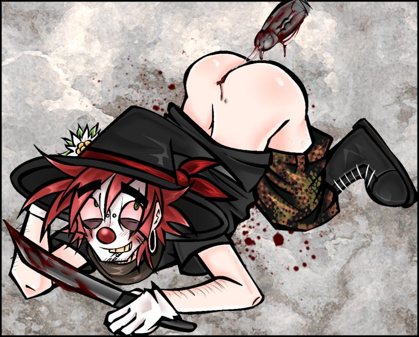 1boy aliasing bleeding blood blushing camouflage_pants clown dexter_(dogsheen) dogsheen floating_penis gay gay_sex gloves gore looking_at_another looking_at_partner machete male male/male male_only pants_down pegging say_gex witch_hat yaoi