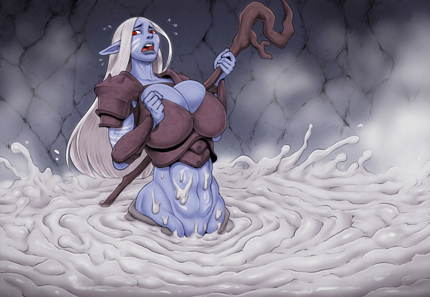ai_assisted ai_generated armor blue_body blue_skin clothing cum cum_everywhere cum_on_body cum_pool elf elf_ears elf_female elf_girl excessive_cum female female_only greyscaler panic scared solo solo_female tribal worried