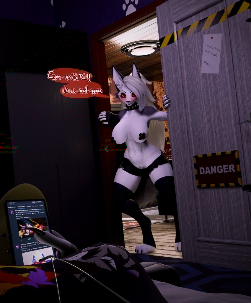 1girls 5_fingers absurd_res arm_warmers armwear baldur_(siggioi) bedroom bluesky_(social_media) blush bodily_fluids breasts brown_hair canid canid_demon canine clothing demon dialogue female fingers first_person_view freya_(siggioi) fur genital_fluids genitals grey_body grey_fur hair heat hellhound helluva_boss hi_res in_heat kvn_poulsen kvnpoulsen leg_warmers legwear looking_at_viewer loona_(dogzeela) loona_(helluva_boss) mammal multicolored_body multicolored_ears multicolored_fur multicolored_tail mythological_canine mythological_creature mythology nipple_tape open_door pasties procynoid procyonid pussy raccoon red_eyes shirt shirtless speech_bubble tail tape teeth topwear vaginal_fluids white_body white_fur white_hair