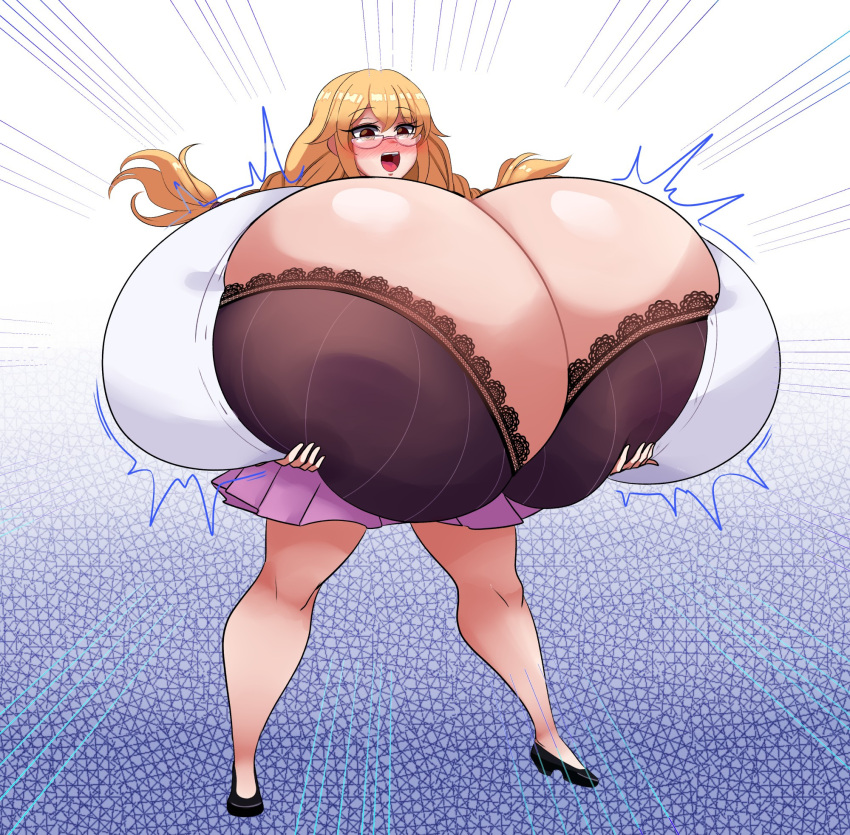1girls alphaerasure blonde_hair blush bra breast_expansion breast_focus breasts breasts_bigger_than_head breasts_bigger_than_torso bursting_breasts cleavage female female_only gigantic_breasts glasses happy holding_breast hyper hyper_breasts lace-trimmed_bra motion_lines oc pink_skirt solo thick_thighs thighs white_shirt