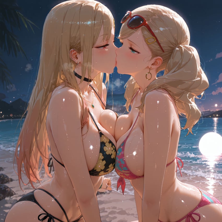 2girls absurdres ai_generated aiya_ayai ann_takamaki aqua_eyes beach big_breasts bikini black_bikini blonde_hair blonde_to_pink_hair blush breast_press choker cleavage curvaceous curvy curvy_female day earrings eyewear_on_head female female_only floral_print hairclip hi_res highres kissing kitagawa_marin large_breasts multicolored_bikini multicolored_hair necklace night night_sky persona persona_5 pink_bikini red_eyes shiny_skin side-tie_bikini_bottom sono_bisque_doll_wa_koi_wo_suru sunglasses sweat symmetrical_docking twintails wet yuri