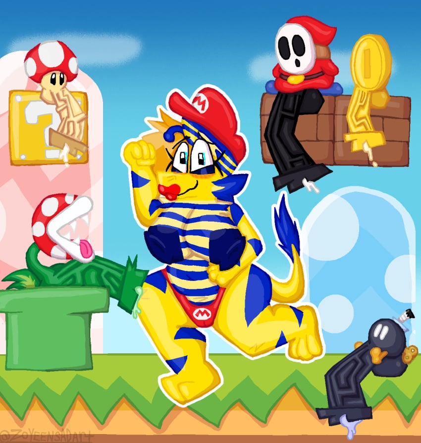 anthro block blue_nipples blush bob-omb bodily_fluids brick clothing coin dragon elemental_creature female flora_fauna fungus fur furred_dragon furred_scalie genital_fluids green_pipe group hi_res hill honeycomb_(zoyeensadart) lips lipstick makeup male male/female mario_(series) mario_hat mushroom mythological_creature mythological_scalie mythology new_super_mario_bros_wii nintendo nipples panties piranha_plant plant precum question_mark scalie sharp_teeth shy_guy size_difference small_but_hung teeth tongue tongue_out underwear zoyeensadart