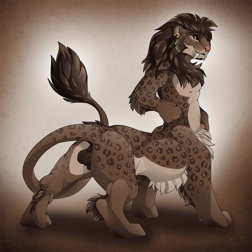 2025 animal_genitalia anus balls brown_body brown_fur brown_hair countershading ear_piercing ear_ring fangs felid felid_taur fur gard3r genitals hair hand_on_hip handpaw hi_res lion lion_taur looking_at_viewer looking_back looking_back_at_viewer male mammal mammal_taur markings nude pantherine pantherine_taur paws piercing ring_piercing sabertooth_(anatomy) sheath simple_background smile solo spots spotted_markings tail tail_tuft tan_body tan_countershading tan_fur taur teeth tuft