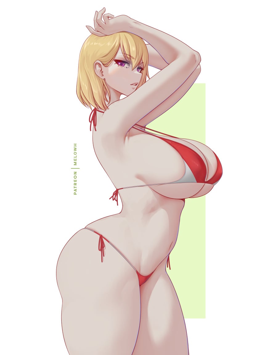 1girls absurdres armpits arms_up bikini blonde_hair breasts cha_hae_in curvy female from_side highres huge_breasts looking_at_viewer melowh micro_bikini parted_lips purple_eyes red_bikini short_hair side-tie_bikini_bottom solo solo_leveling strap_gap swimsuit tagme thick_thighs thighs two-tone_background
