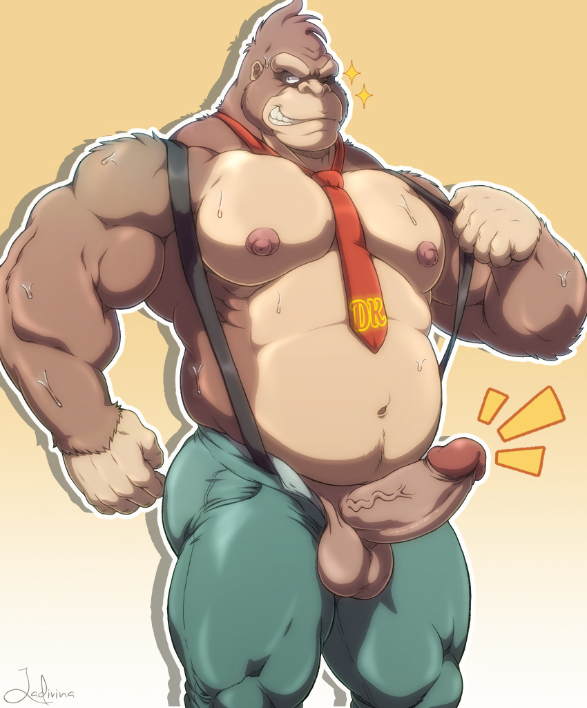 2025 anthro ape areola balls barazoku belly biceps big_balls big_muscles big_penis bodily_fluids bottomwear clothed clothing deltoids donkey_kong donkey_kong_(character) donkey_kong_(dkbananza) donkey_kong_(series) donkey_kong_bananza donkey_kong_in_overalls emanata erection funeral-paws fur genitals glans gorilla haplorhine hi_res huge_muscles humanoid_genitalia humanoid_penis kemono looking_at_viewer male mammal musclegut muscular muscular_anthro muscular_male navel necktie nintendo nipples one_eye_closed pants pecs penis presenting presenting_penis primate signature simple_background smile solo sparkles standing suspenders sweat teeth thick_arms thick_penis thick_thighs topless topless_anthro topless_male tuft unzipped vein wink yellow_background zipper