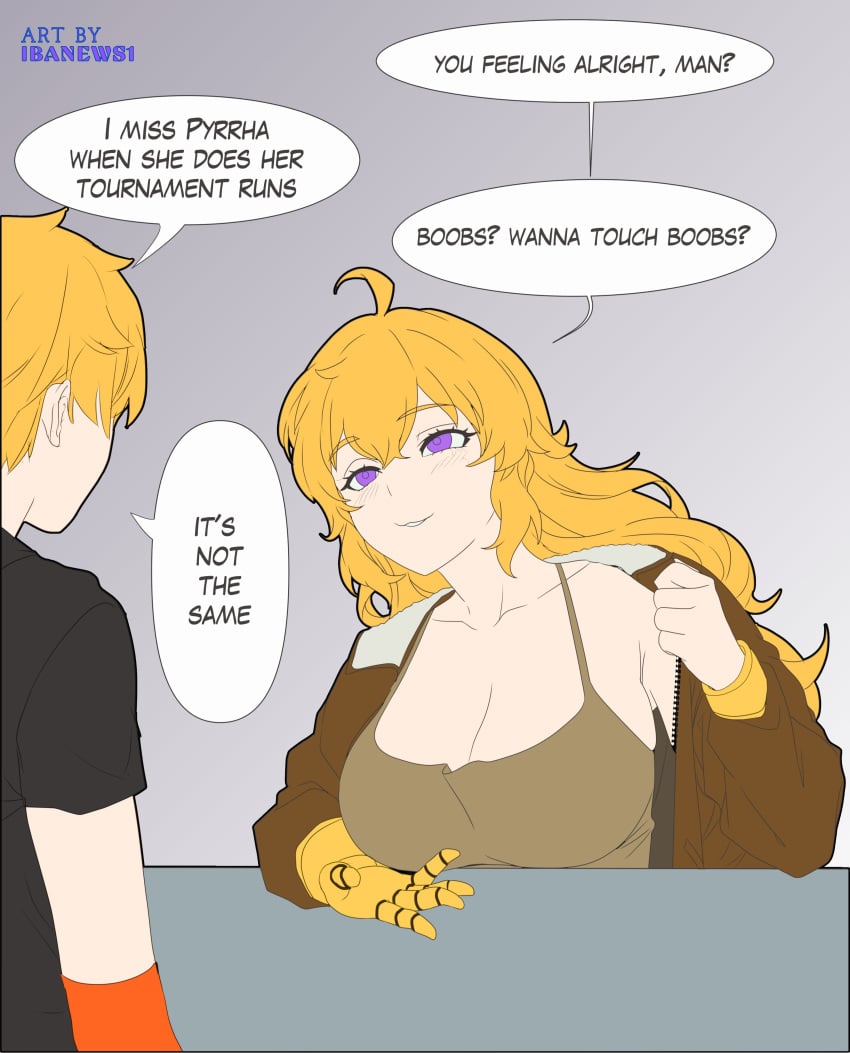 1boy 1girls 2025 ahoge blonde_hair boobs?_wanna_touch_boobs? female ibanews1 jaune_arc long_hair male meme purple_eyes rwby tagme wavy_hair yang_xiao_long