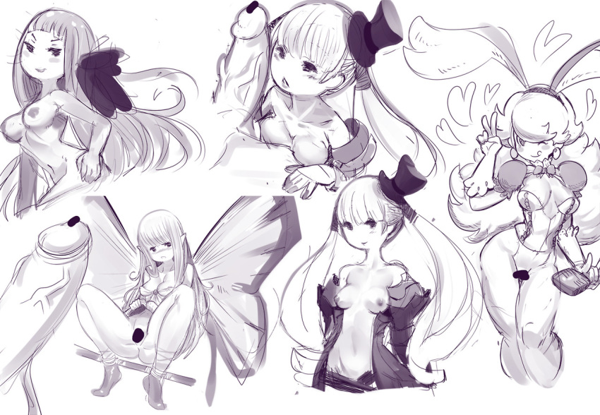 animal_ears bottomless bravely_default:_flying_fairy bunny_ears censored character_request collage fairy_wings hat large_penis mini_top_hat minigirl monochrome multiple_girls nipples penis pointless_censoring sho-n-d size_difference skirt skirt_lift spread_legs spreader_bar top_hat wings