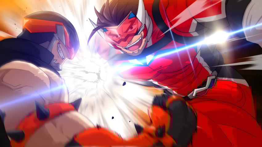 2boys abs absol_(dkqthf) anime_style arm_sleeves bangs bara beard beefy belt biceps big_areola big_bulge blurry_foreground bodysuit brown_hair bulge bulge_through_clothing clenched_teeth daddy depth_of_field dilf frown gay gloves glowing grin helmet hero hero_costume hi_res hunk laugh light male male/male male_only manly maou_abusorun mature_male muscles muscular muscular_arms muscular_legs muscular_male muscular_thighs nipples_visible_through_clothing original original_character pecs punch quadriceps short_hair six_pack spiked_bracelet spikes straps thick_arms thick_thighs tight_clothing tough_guy triceps v-shaped_eyebrows veiny_arms villain visor yaoi