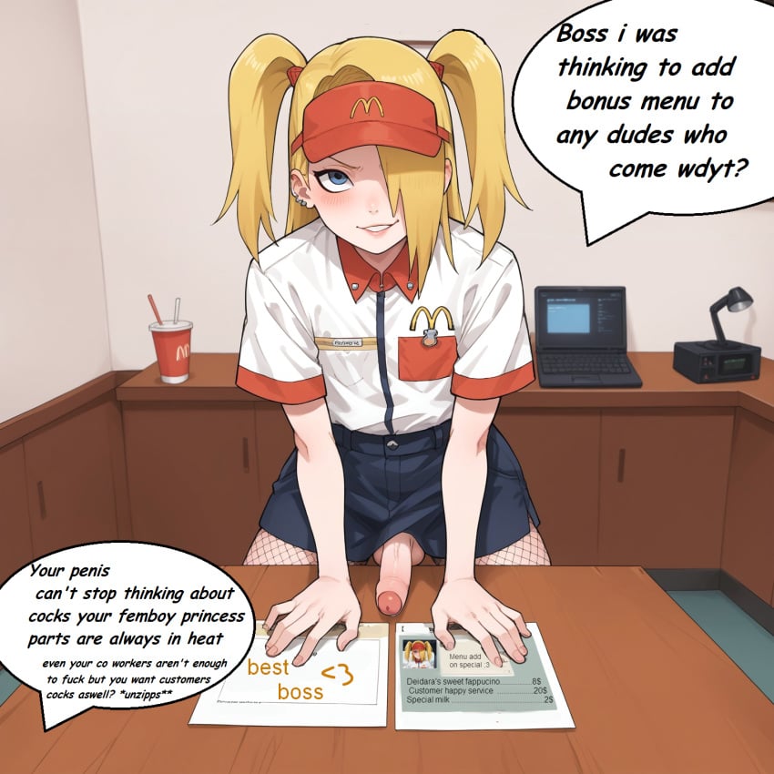1boy ai_generated blonde_hair blue_eyes blush boss butt_focus deidara femboy fries goth long_hair male male_only mcdonald's menu naruto nipples pants penis prostitution punk sissy small_penis smile smiling_at_viewer tears thick_thighs thighs twintails