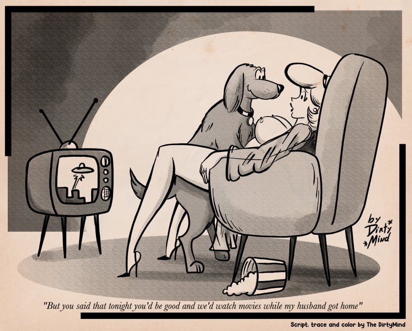 1boy 1girls big_ass big_breasts canid canine cheating cheating_wife dialogue dirtymind domestic_dog ear_piercing earrings english_text female feral food huge_ass huge_breasts long_hair male male/female netorare nipples nude original penetration piercing popcorn sex sitting sitting_on_chair television text vaginal_insertion vaginal_penetration vaginal_sex vintage wife zoophilia