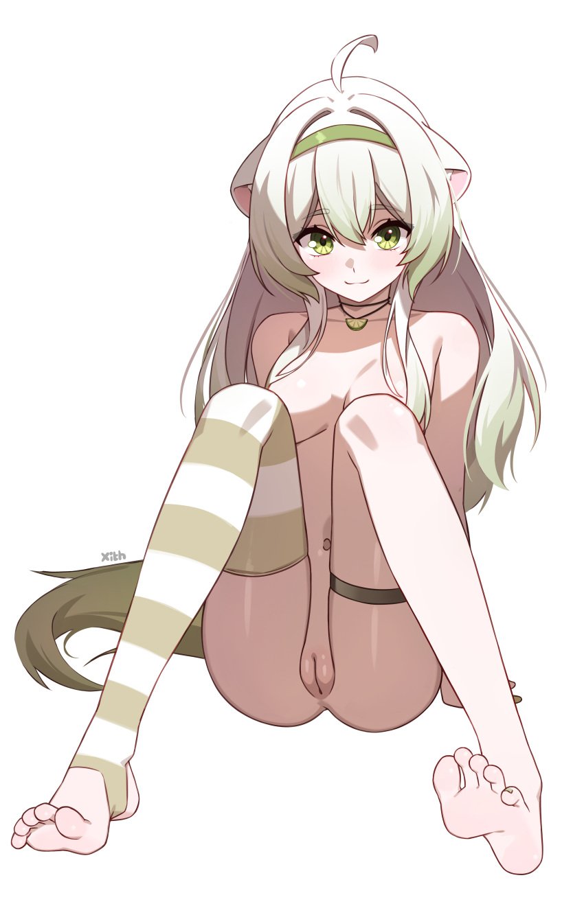 ahoge animal_ears anus ass barefoot blush breasts choker closed_mouth eyebrows_visible_through_hair feet female full_body green_eyes green_hair hair_between_eyes hair_over_breasts hairband indie_virtual_youtuber laimu large_breasts long_hair looking_at_viewer medium_breasts multicolored_hair nude pussy single_thighhigh sitting smile soles solo striped striped_legwear tail thighhighs toes uncensored very_long_hair virtual_youtuber white_background white_hair xith