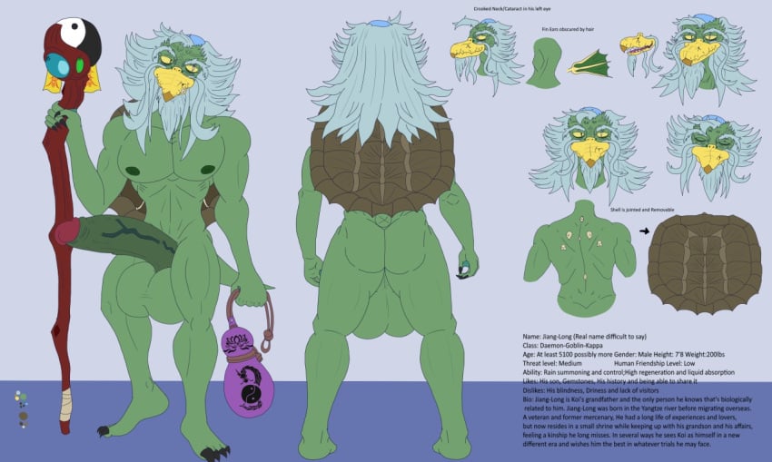 2020 alternate_version_at_source anthro asian_mythology balls beard big_balls big_penis east_asian_mythology erection facial_hair foreskin genitals humanoid_genitalia humanoid_penis japanese_mythology jianglong_(rougetenjoname) kappa male mature_male model_sheet muscular muscular_anthro muscular_male mythology nipples nude pecs penis rougetenjoname solo uncircumcised vein veiny_penis yokai