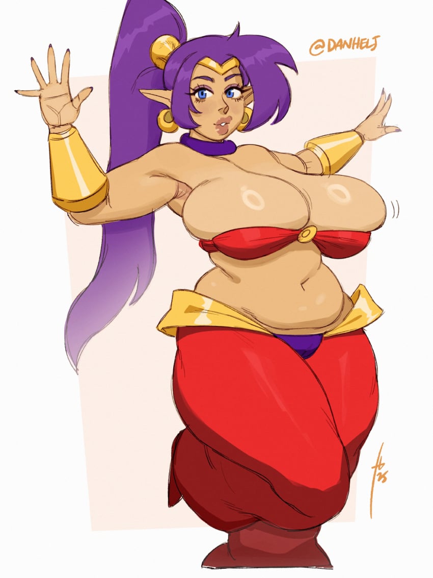 belly belly_dancer belly_dancer_outfit big_breasts breasts cameltoe danhelj female fit fit_female genie genie_girl overflowing_breasts ponytail puffy_lips shantae shantae_(character) solo_female thick_thighs tummy tummy_fold venus_body