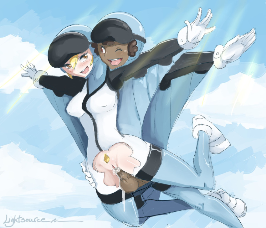 1boy 1girls blonde_hair blue_legwear blue_thighhighs blush bodysuit breasts brown_eyes clothed_sex clothing cum cum_in_pussy cum_inside dark_skin erect_nipples female flying from_behind goggles goggles_on_head interracial lightsource male midair_sex nintendo npc_trainer open_mouth outstretched_arms penetration penis pokemon pokemon_xy pubic_hair pussy sex short_hair sky_trainer_(pokemon) smile spread_legs straight thighhighs torn_bodysuit torn_clothes vaginal_penetration wide_hips wingsuit