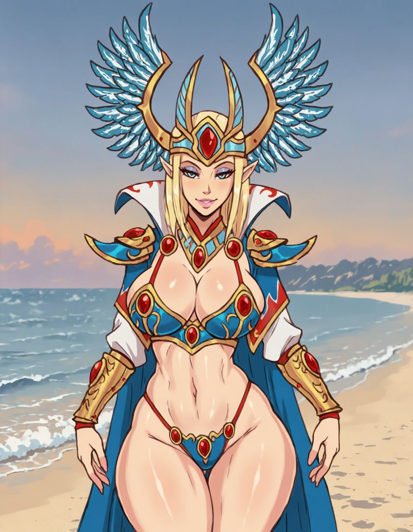 ai_generated beach big_breasts blonde_hair breasts elf elf_ears elf_female female female_only high_elf high_elf_(warhammer) large_breasts mage pinup pointy_ears pose smile solo warhammer_(franchise) warhammer_fantasy