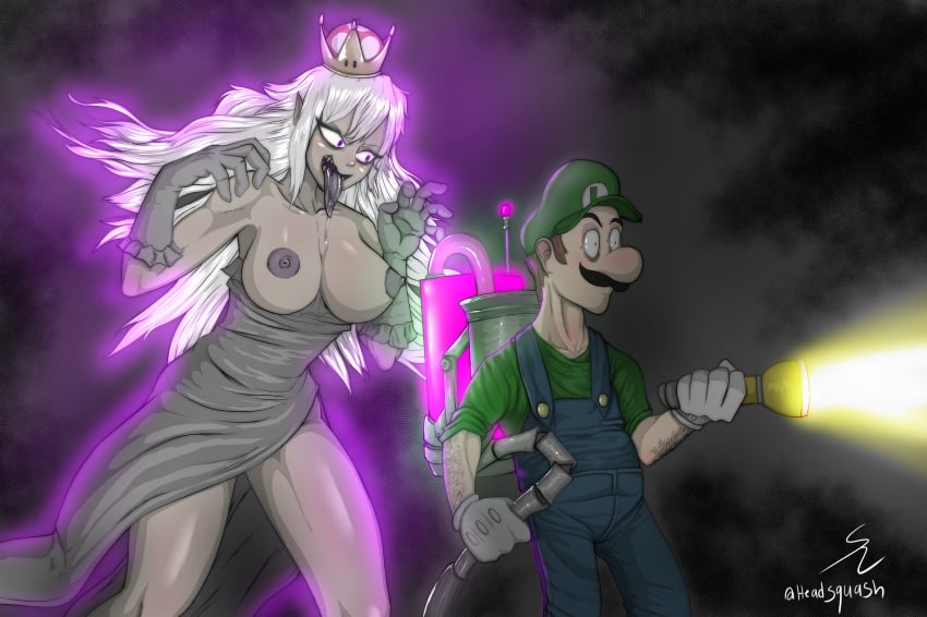 1boy 1girls arm_hair armwear blue_overalls boosette breasts breasts_out clothing crown dress duo facial_hair female flashlight ghost ghost_girl gloves glowing green_hat green_shirt grey_armwear grey_dress hat humanoid light-skinned_female light-skinned_male light_skin long_hair looking_at_another luigi luigi's_mansion male male/female mario_(series) monster monster_girl moustache nintendo nipples open_mouth overalls purple_tongue shirt squashhead tongue tongue_out white_hair