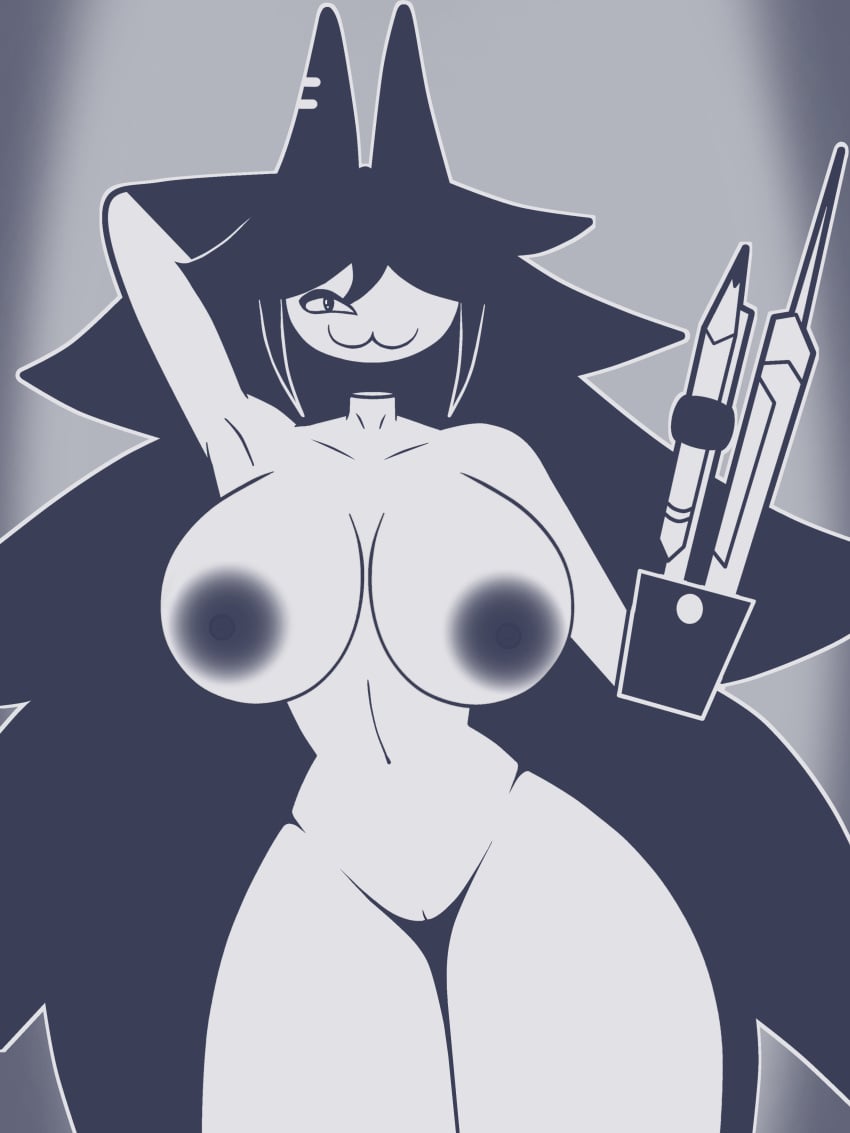 2d :3 black_hair breasts circle fundamental_paper_education miss_circle_(fundamental_paper_education) simple_background slim smash smile vagina wolf_ears