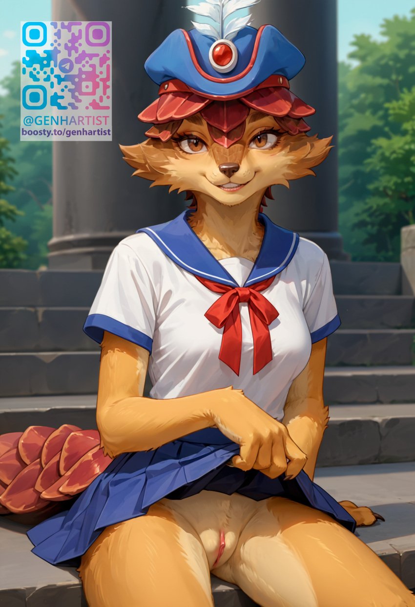 1girls ai_generated female fur furry genderswap_(mtf) genhartist looking_at_viewer pangolier pussy qr_code r63 sailor_collar sailor_uniform school_uniform schoolgirl sitting skirt_lift solo tail