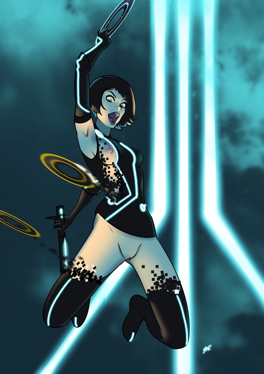 1girls 2d arm_up armpit armpits background black_clothing black_hair color disappearing_clothes female female_only fight footwear front_view full_body genitals gloves glowing glowing_clothes hair holding_object human human_only in_air japes jumping light-skinned_female light_skin long_gloves looking_down open_mouth pixel pussy quorra shaved_pussy shirt shocked short_hair short_hair_female sleeveless socks solo stockings thighhighs torn_clothes tron tron_legacy