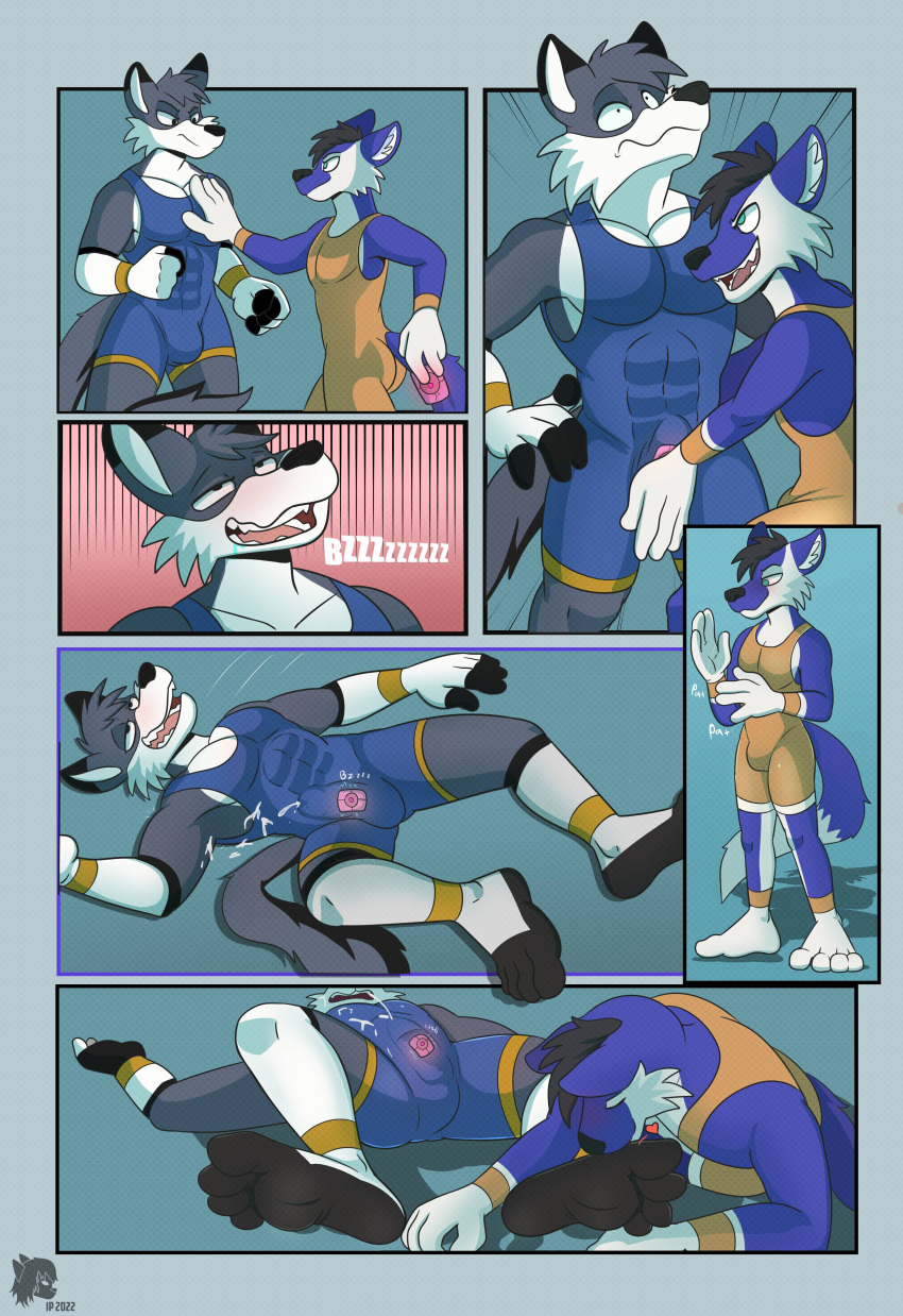 absurd_res anthro blush blushing_profusely bodily_fluids bulge bulge_fondling canid canine canis clothing comic cum cum_in_clothing cum_on_ground cum_on_self cum_through_clothing defeated devious_grin duo embarrassed fainted falling feet foot_fetish foot_sniffing foot_wraps genital_fluids genitals hand_on_chest hi_res humiliation intelligence_loss introvertedpooch knockout kyash-tyur limp lying male male/male mammal muscular on_back penile penis sex_toy shocked_expression size_difference small_dom_big_sub sniffing sportswear unconscious vibrator vibrator_on_penis wet wet_clothing wolf wraps wrestling wrestling_match wrestling_singlet