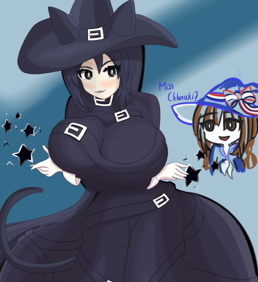 2girls :3 animal_ear_headwear animal_ears ayame304 belt black_belt black_dress black_eyes black_hair black_hat blue_background blue_bow blue_hat blue_serafuku bow breasts breasts_focus brown_eyes brown_hair cat_girl cat_hat cat_tail catgirl chlomaki colored_skin english_text female female_only funamusea hat hat_bow huge_breasts light_blush long_hair long_ponytail neckerchief open_mouth pale_skin red_bow serafuku star star_(symbol) text very_long_hair wadanohara wadanohara_and_the_great_blue_sea white_bow white_neckerchief white_pupils white_skin witch_hat