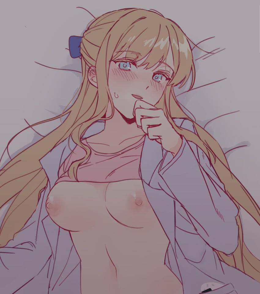 1girls :d bed bed_sheet blonde_hair blue_bow blue_eyes blush bow breasts claire_francois clothes_lift coat collarbone colored_eyelashes come_hither dark ear_blush hair_spread_out hairbow half_updo happy highres inviting large_breasts long_hair long_sleeves looking_at_viewer lying narrowed_eyes nipples no_bra on_back open_clothes open_coat open_shirt out_of_frame_censoring parted_lips pink_shirt raeclairex shirt shirt_lift solo stomach sweat swept_bangs upper_body watashi_no_oshi_wa_akuyaku_reijou