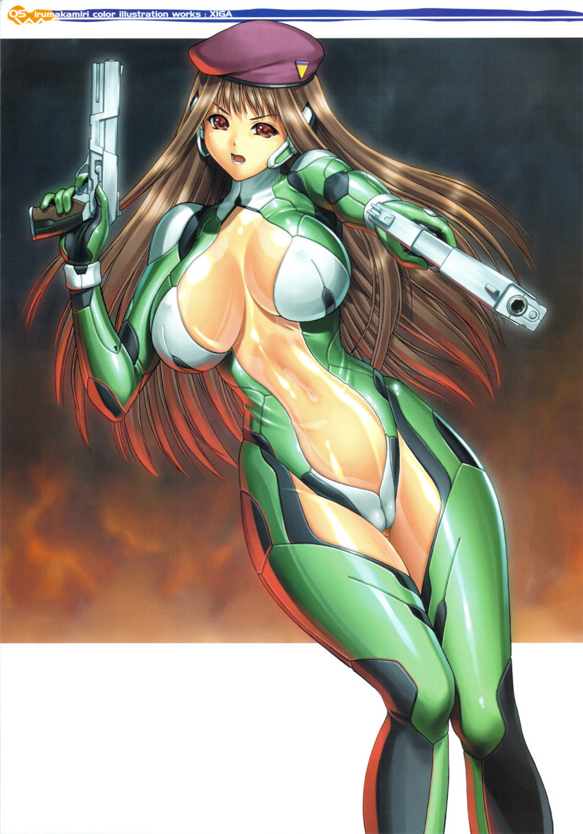 bodysuit breasts brown_eyes brown_hair cameltoe copyright_request curvy dual_wield dual_wielding gun handgun hat highres iruma_kamiri large_breasts long_hair navel open_mouth pistol robot_ears shiny weapon