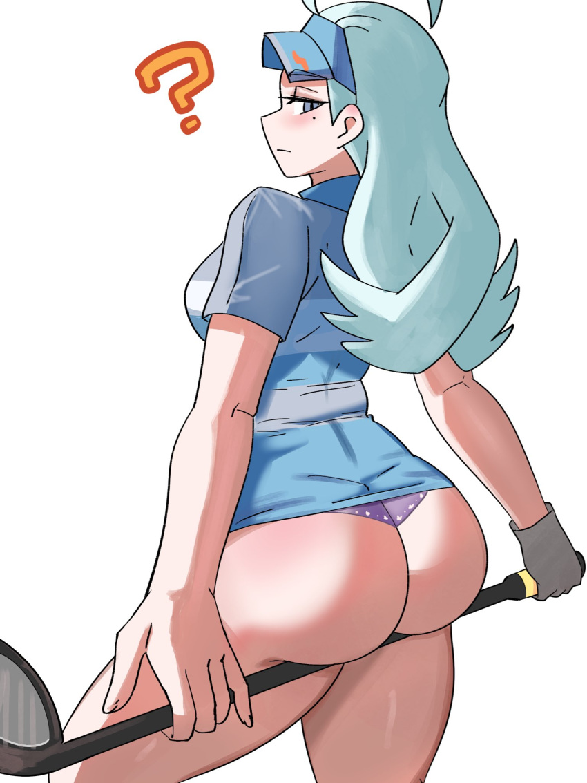 1girls ass ass_focus blue_eyes blue_hair blue_shirt breasts bubble_butt female golf_club golf_outfit kahili_(pokemon) large_ass light-skinned_female light_skin long_hair nintendo panties pokemon pokemon_sm purple_panties ytrall