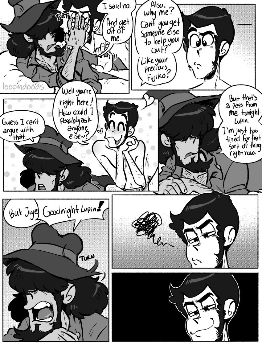 2boys arsene_lupin_iii bara beard blush clothing comic daisuke_jigen dialogue english_text gay loopndoods lupin_iii male male/male male_only muscular_male text yaoi