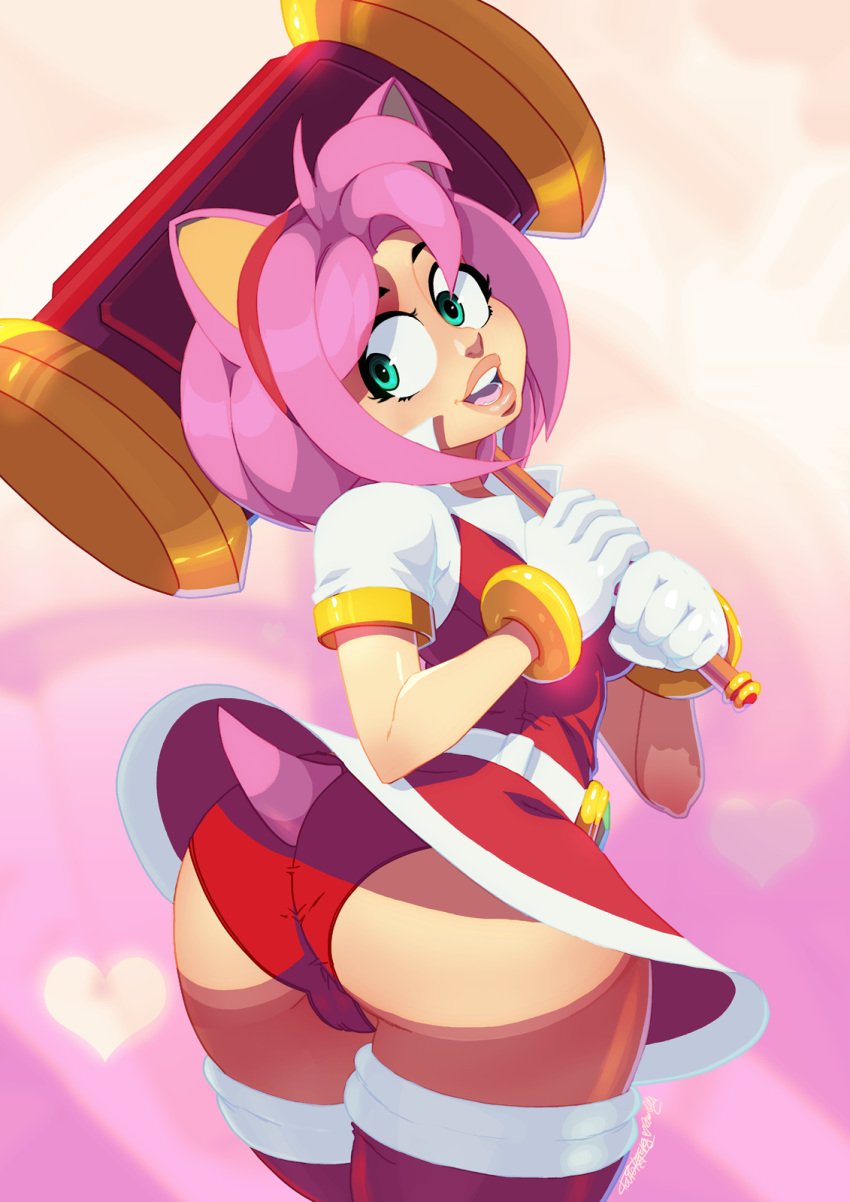 2d 2d_(artwork) 2d_artwork amy_rose ass ass ass_focus belt belt_buckle big_ass big_breasts big_butt bubble_ass bubble_butt diadem eyelashes female female_focus female_only gloves green_eyes happy_female hearts_around_body hi_res highres open_eyes open_mouth open_smile panties piko_piko_hammer pink_background pink_hair pussy_visible_through_clothes red_clothing red_diadem red_skir sega shiny_lips skirt sonic_(series) sonic_the_hedgehog_(series) stockings tail thick thick_lips thick_thighs thin_waist tight_clothes tight_clothing tovio_rogers white_clothing