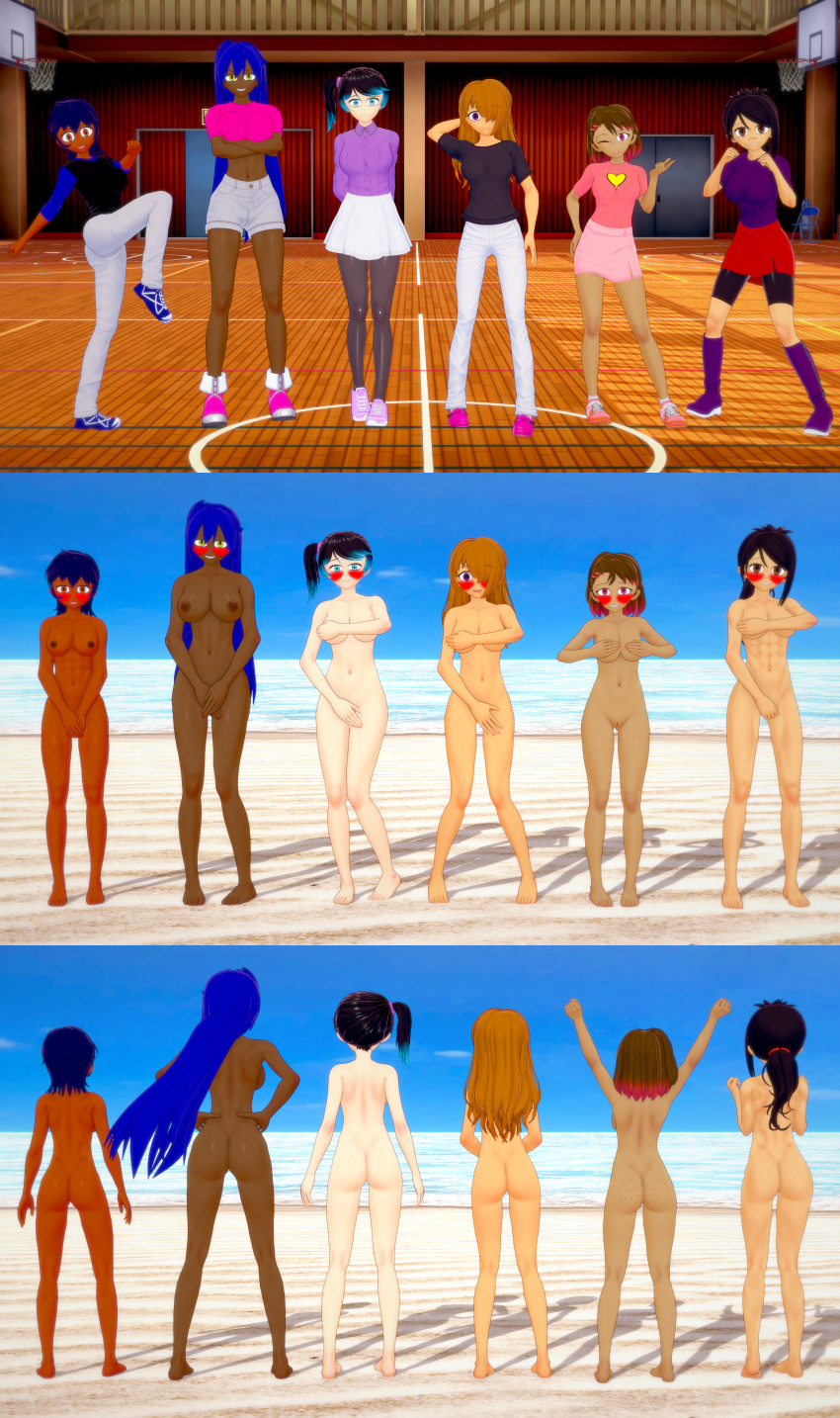 6girls abs aqua_streak ass barefoot beach becca_(blue_ink22) black_hair blonde_hair blue_hair blue_ink22 blush breasts carrie_(blue_ink22) clothed/nude completely_nude completely_nude_female dark-skinned_female eclair_(blue_ink22) ella_(blue_ink22) female female_only group hair_over_one_eye hairclip koikatsu light-skinned_female long_hair multiple_girls naked navel nipples nude nude_female ocean pink_streak pussy rachel_(blue_ink22) retropunch sand sasha_(blue_ink22) short_hair sisters two_tone_hair