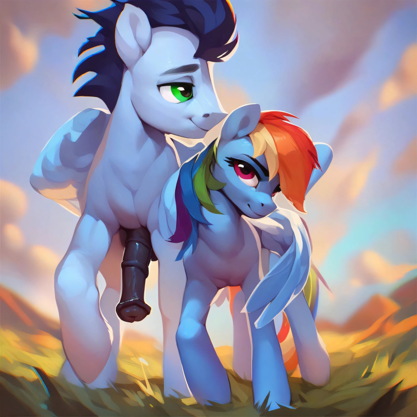 ai_generated balls casual_nudity embrace equine erection grass grass_field horsecock my_little_pony pony rainbow_dash_(mlp) smiling soarin_(mlp) walking wing_hug