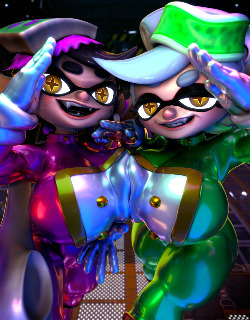 2girls 3d callie_(splatoon) female inkling latex latex_suit marie_(splatoon) meat_corps palisal shiny_clothes splatoon squid_sisters