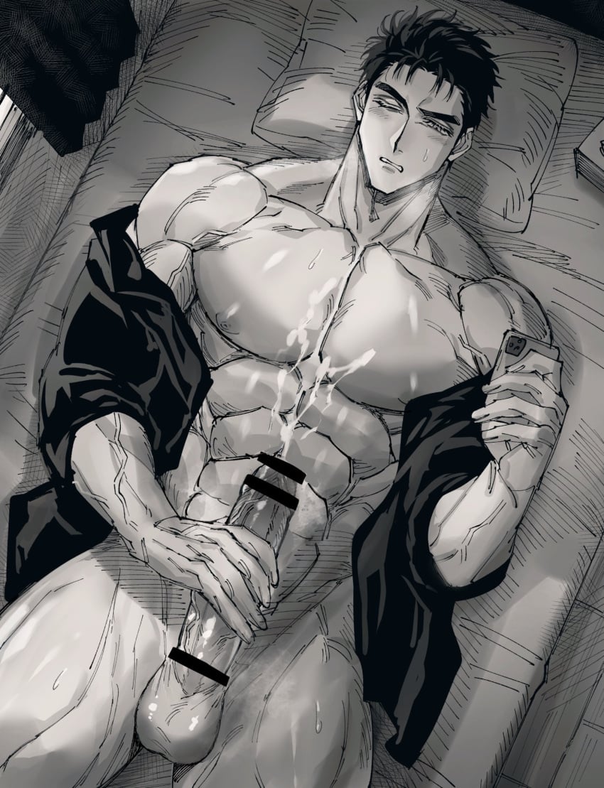 1boy abs after_ejaculation bar_censor bara blush bottomless censored cowboy_shot cum cum_on_body domo_(domo_kizusuki) erection from_above greyscale highres holding holding_phone kokado_shido_(domo) large_pectorals large_penis lying male_focus male_masturbation masturbation monochrome muscular muscular_male navel nipples on_back on_bed one_eye_closed original pectorals penis phone shirt_partially_removed short_hair shredded_muscles sideburns solo testicles thick_eyebrows veins veiny_arms