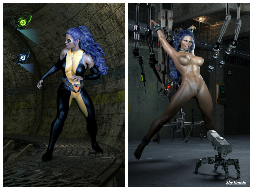 1girls 3d before_and_after bondage bound bound_ankles bound_wrists completely_nude completely_nude_female dark_skin dark_skinned_female nude nude_female original original_character purple_hair shytimide superheroine