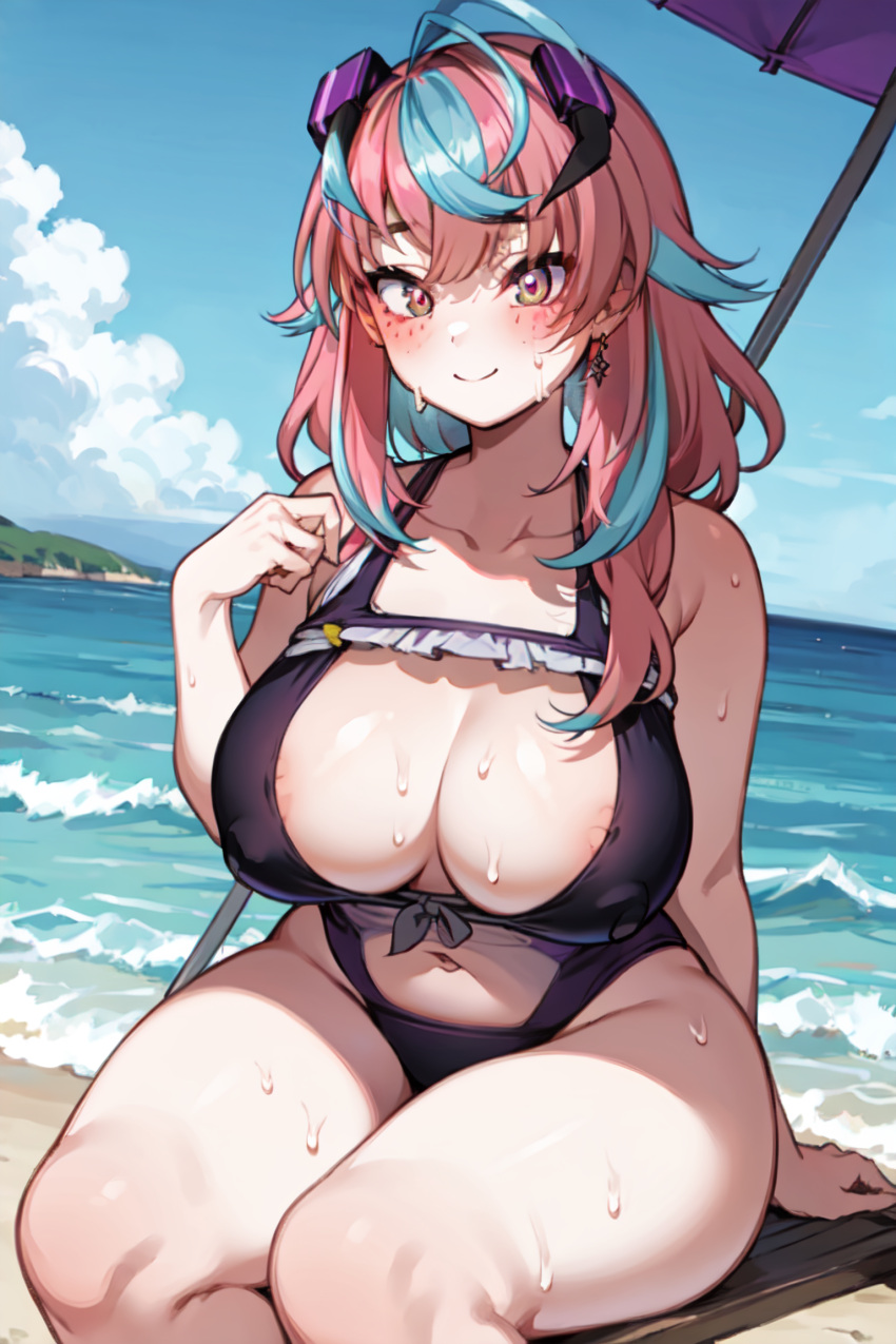 ai_generated beach blush emikukis huge_breasts jewelry multicolored_hair nipple_slip ricochetk smile sweat swimsuit virtual_youtuber vtuber wide_hips