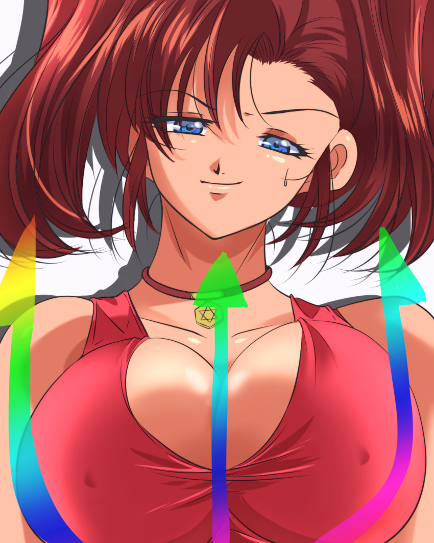 1girls bakusou_kyoudai_let's_and_go big_breasts blue_eyes breasts brown_hair busty cleavage covered_erect_nipples female female_only hair_ribbon half-closed_eyes highres jewelry large_breasts legs looking_at_viewer marina_ohgami naughty_face necklace oogami_marina ribbon seductive seductive_look seductive_smile sensual smile solo tank_top twintails voluptuous