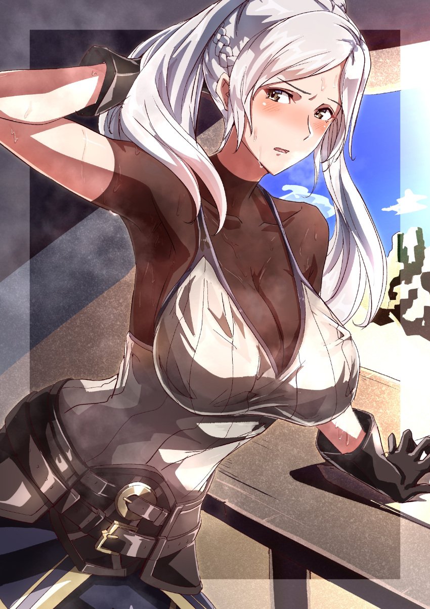 1girls absurdres blush bodystocking breasts brown_eyes cleavage clenched_hand female female_only fire_emblem fire_emblem_awakening gloves grey_hair highres large_breasts long_hair looking_at_viewer musk nintendo open_mouth robin_(fire_emblem) robin_(fire_emblem)_(female) short_sleeves solo to_(tototo_tk) twintails white_hair