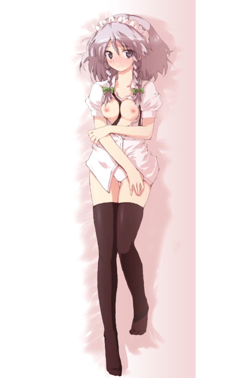 between_breasts blue_eyes blush braid breasts clothes_between_breasts dress_shirt from_above h@ll happy highres lying nipples on_back open_clothes open_shirt panties sakuya_izayoi shirt short_hair silver_hair smile thighhighs touhou twin_braids underwear