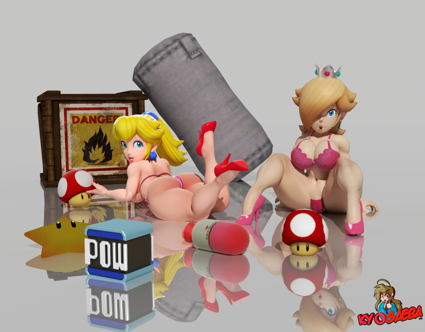 2girls 3d artist_name ass backboob big_ass big_breasts bikini blonde_hair blue_eyes bra busty child_bearing_hips clothing come_hither fat_ass feet female female_only heels hi_res high_heels kyosaeba large_breasts looking_at_viewer looking_back lying lying_on_stomach mario_(series) multiple_girls navel nintendo on_stomach open_mouth panties pink_bikini ponytail power_up princess princess_peach princess_rosalina sensual sitting spread_legs super_mario_bros. the_pose thong_bikini toned toned_female voluptuous