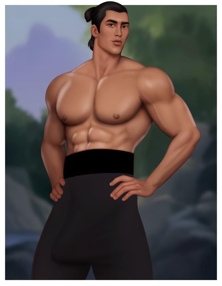 abs asian asian_male biceps big_bulge bulge disney disney_prince drawnpr0n east_asian east_asian_male hands_on_hips huge_bulge li_shang male male_only mulan muscles muscular muscular_male outdoors outside pecs shirtless_male