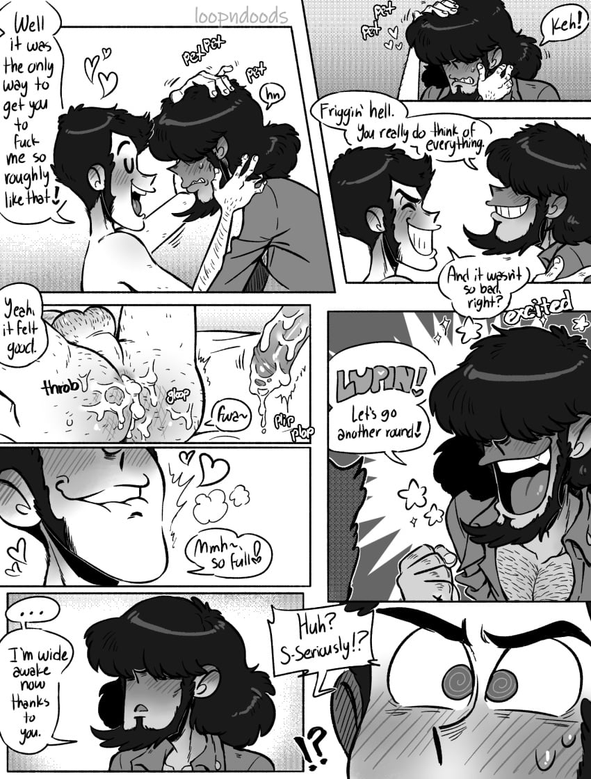 2boys arsene_lupin_iii ass balls bara beard blush comic cum cum_drip cum_dripping_from_penis cum_in_ass cum_inside daisuke_jigen dialogue english_text erection gay genital_fluids loopndoods lupin_iii male male/male male_only muscular_male nude penis text yaoi